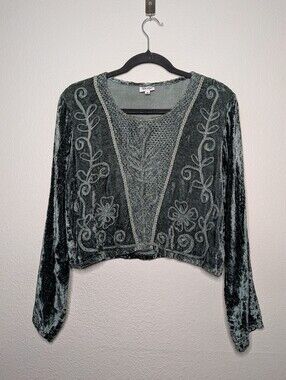 Kashi Dark Green Renaissance Faire Fairycore Velvet Cropped Embroidered Top M